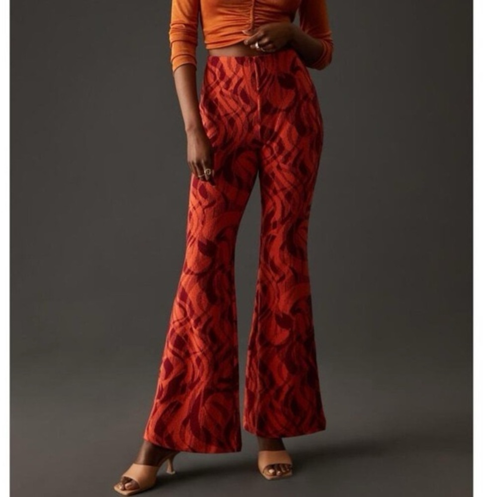Anthropologie Red The Joni Stretch Flare Pull On Pants Retro Print Size Small
